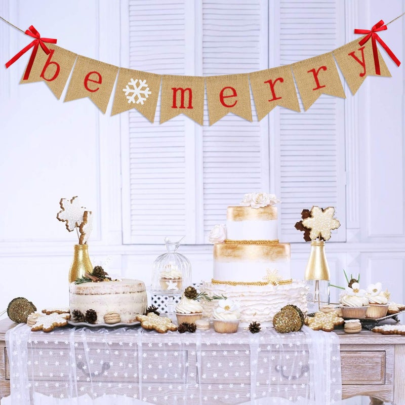 Partyprops Be Merry Burlap Banner | Christmas Banner with Snowflake Sign | Christmas Decoration | Rustic Christmas Decor for Mantle Fireplace Xmas Party Holiday Supplies Decoration | Outdoor Indoor Hanging Decor - Image 5